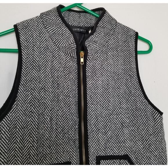 Merokeety Women's  Black And White Herringbone Vest Lined Zip Front Size Small - Picture 2 of 8